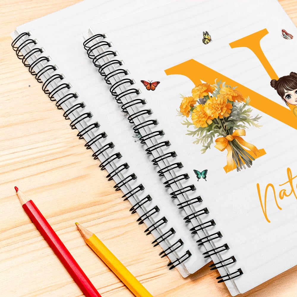 callie Personalized Notebook for Women kid, Custom Cartoon Character Birth Flower Bouquet Name A5 Spiral Notebook with 120 Lined Pages and Initial, Birthday Journal Gift for Women