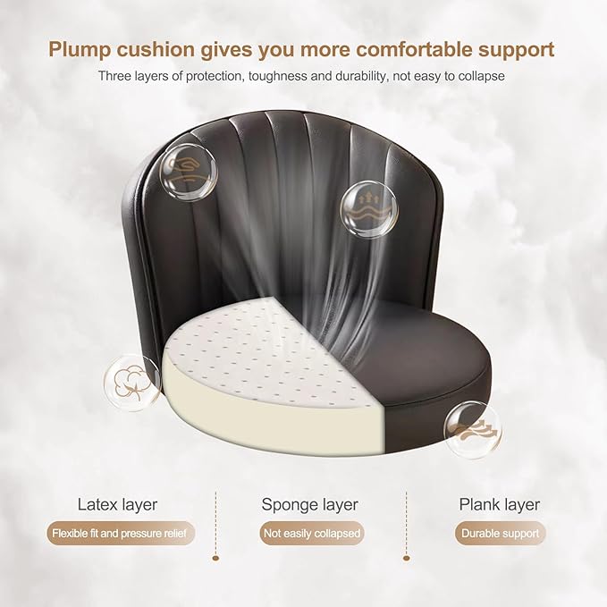 Small Round Rolling Desk Chair Armless Comfy Vanity Computer Chair with Low Backrest PU Leather Height Adjustable Swivel Work Spa Chair