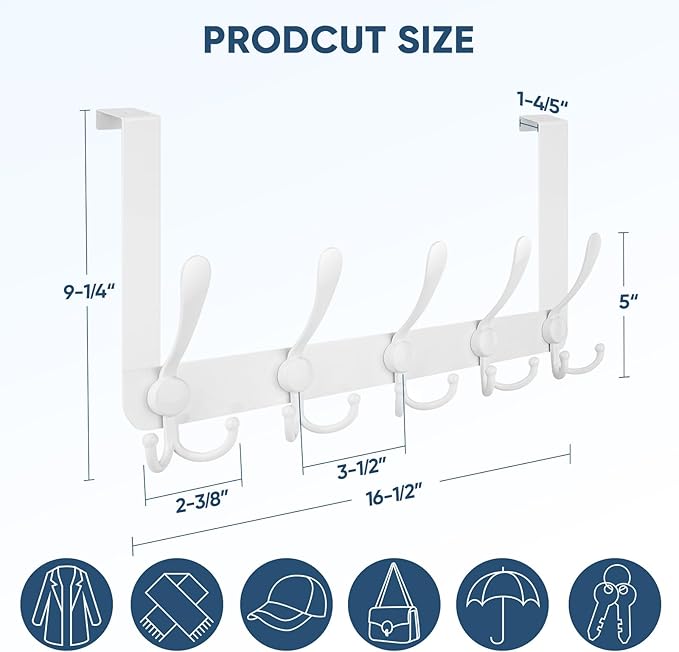 TICONN Over The Door Hooks, 5 Heavy Duty Tri Coat Rack All Metal Coat Hanger for Bathroom Bedroom Dorm (White, 1PK, Fit 1-3/4" Doors)