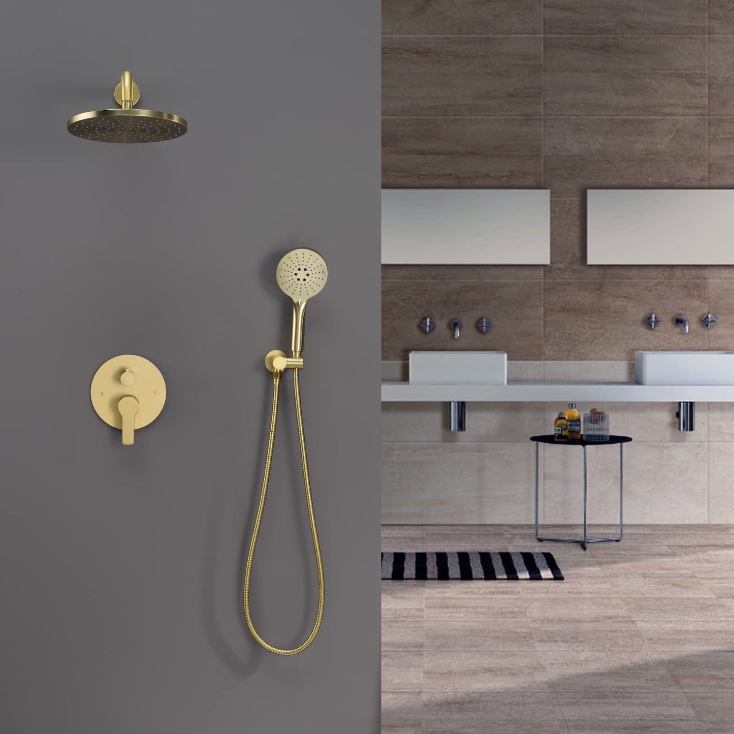 Iriber Shower System Wall Mounted Shower Faucet Mixer Set with Luxury High Pressure Shower head and 3-Setting Handheld, Bathroom Shower Trim Kit Contain Pressure Balance Valve,Brushed Gold