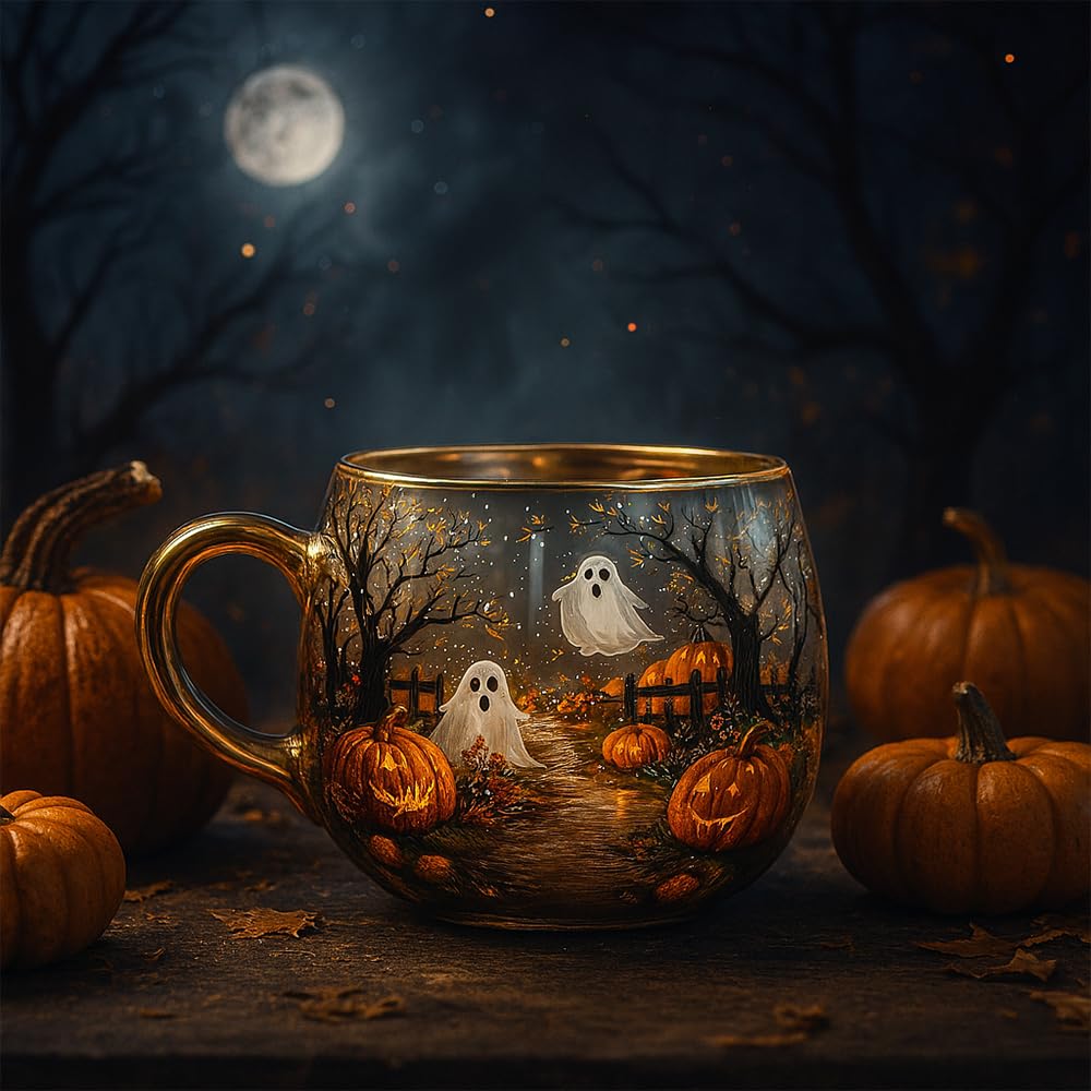 Haunted Path Halloween Mug – Cute Ghost Pumpkin Glass Coffee Cup, Spooky Season Personalized Halloween Coffee Cup with Fall Foliage (1pcs)