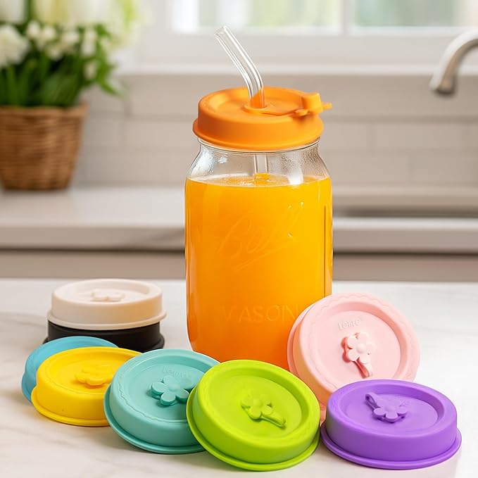 Silicone Mason Jar Lids, Regular and Wide Mouth Compatible, with Straw Hole and Stopper (bright color 4pcs)