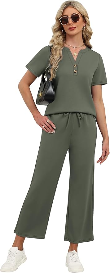 OFEEFAN 2 Piece Sets for Women Spring Fashion Beach Vacation Cruise Outfit Dressy Casual Wide Leg Crop Pants Resort Wear
