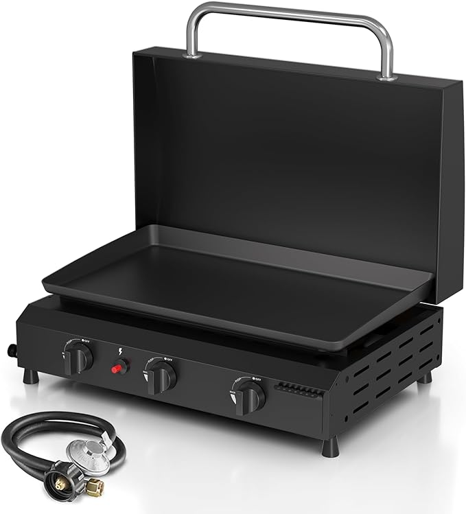 ADREAK 25.6'' Gas Griddle Flat Top Grill with Lid, 3-Burner Tabletop Portable Propane Griddle for Outdoor Cooking, BBQ, Ca...