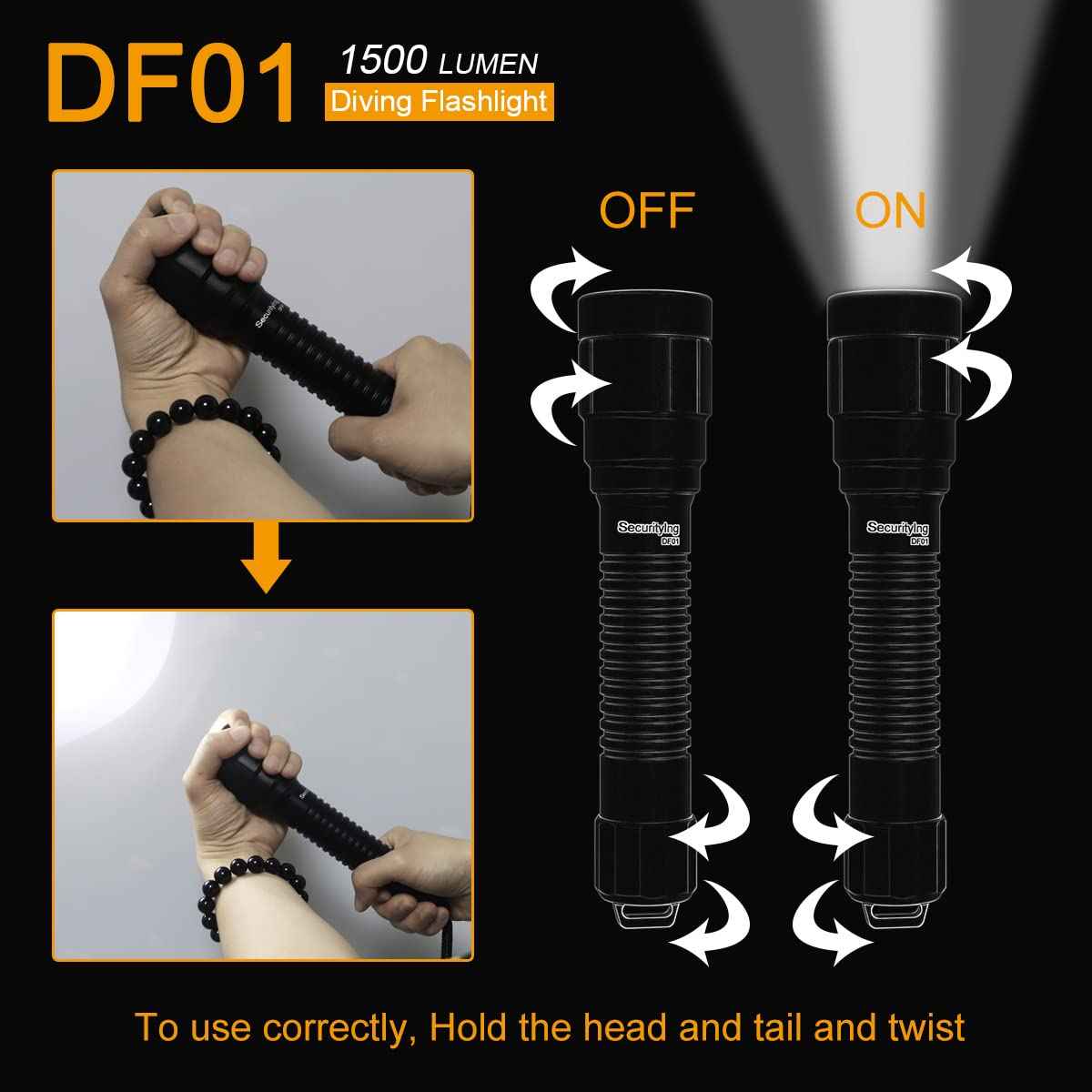 SecurityIng DF01 Scuba Diving Light, 1500 Lumens Mechanical Twist On/Off Underwater 150M Recreational Technical Diving Safety Flashlight, 9 Degrees Narrow Beam IP68 Waterproof Submarine Dive Torch