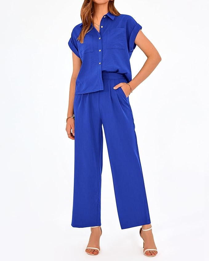 PRETTYGARDEN Womens 2 Piece sets Summer Cap Sleeve Tops Palazzo Pants Dressy Casual Vacation Travel Outfits Tracksuits