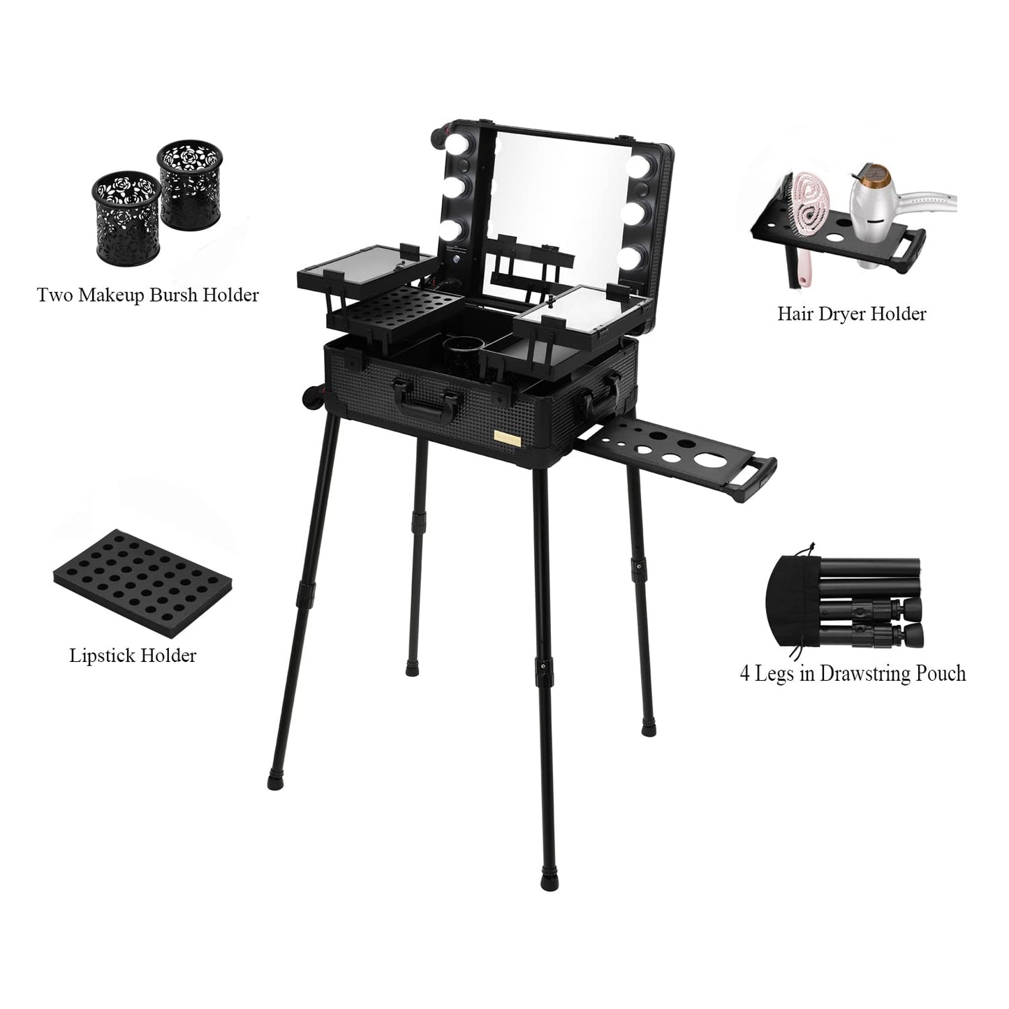 Tense Edano Aluminum Trolley Makeup Train Case with LED Lights Professional Cosmetic Organizer Studio with Speaker, Wheels and Stands Rolling Lighted Makeup Vanity Station for Travel (Black)