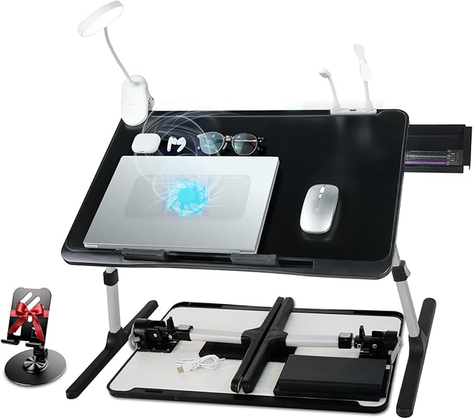 iXTRA Laptop Lap Desk Include Cooling Fan,Adjustable Lap Desk with Light Fan,Folding Laptop Desk for Bed with USB,Bed Desk with Storage Drawer 56 * 32cm,Black