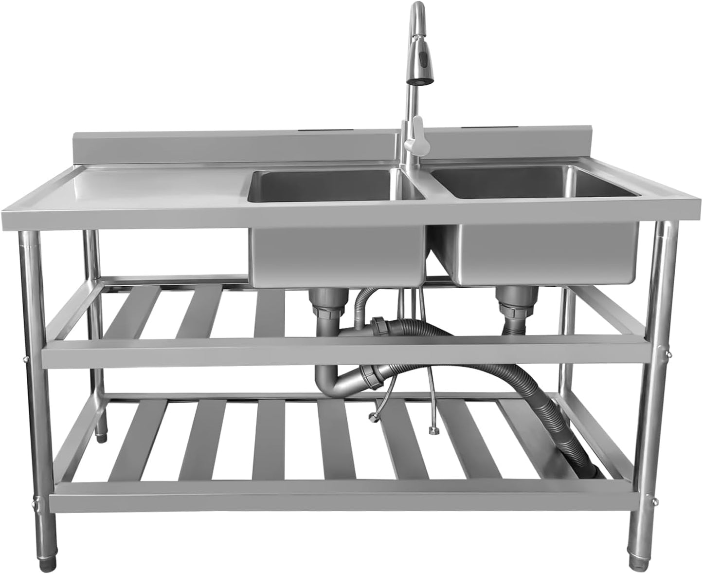 DuyviSteil 304 Stainless Steel Sink 2 Compartment Free Standing Utility Sink, Commercial Restaurant Kitchen Sink, Outdoor Sink Set w/Pull-out Faucet & Workbench with Water Pipe (47in)