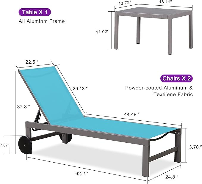 PURPLE LEAF Outdoor Lounge Chair Set for 2 Patio Chaise Lounger with Aluminum Frame and Wheels All-Weather Pool Lounge Chairs for Outside Garden Yard Poolside Table Included, Blue