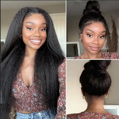 13x6 Lace Frontal Human Hair Kinky Straight HD Transparent Ear to Ear Lace Closure With Baby Hair Free Part 100% Virgin Human Hair Frontal Natural Black 14 Inch