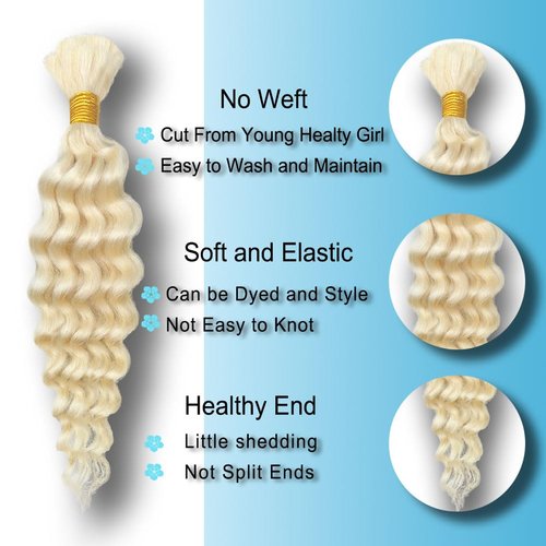 Heyloo Hey my wig 613 Blonde 22 Inch 2 Bundles 100g Boho Human Braiding Hair Curly Deep Wave Bulk Unprocessed Brazilian Virgin Water Wave Human Braiding Hair for Boho Braids Wet and Wavy