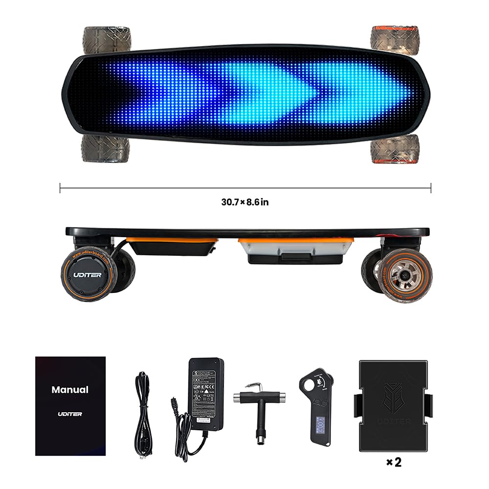 Uditer Pixel mini Electric Skateboards with LED Screen Deck, Supports Image DIY via App. 10S3P 7.8A Removable Battery/ 25 Miles Max Range/28 Mph Top Speed/2*600W for Beginners (Contains 2 batteries)