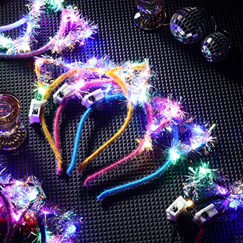 WILLBOND 40 Pcs LED Golden Silk Cat Ears Headband Halloween Cute Light up Headband Glow Cow Horn LED Hair Hoop for Women G...