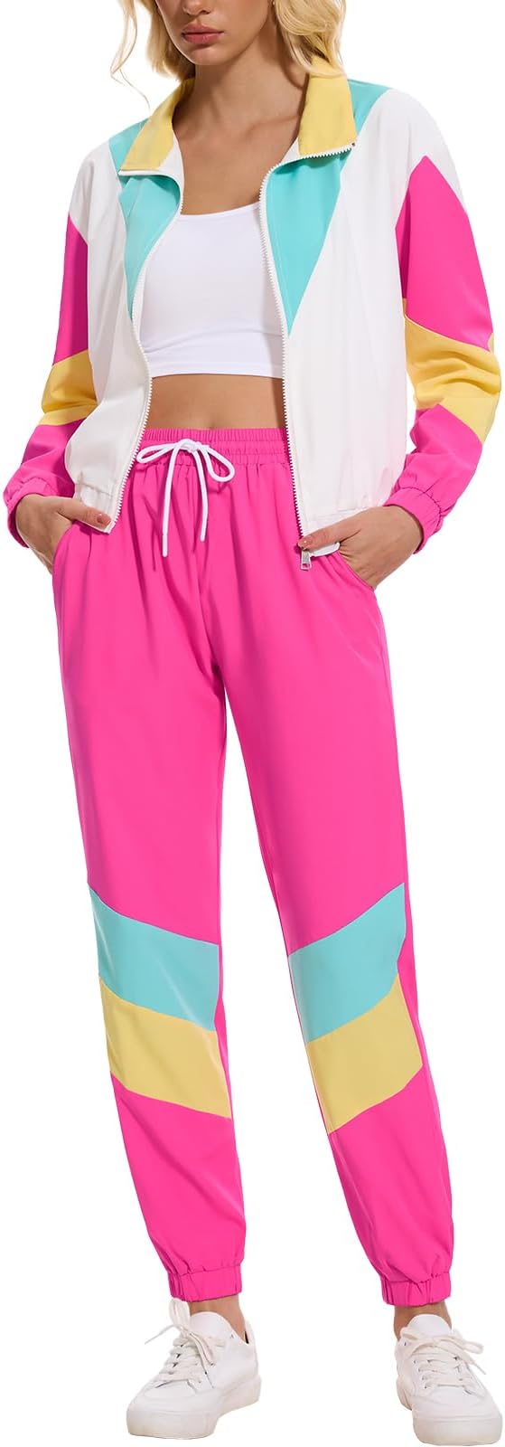 ZDT Women's Color Block 80s 90s Outfit 2 Piece Costume Zip Up Windbreaker Track Suits Set New