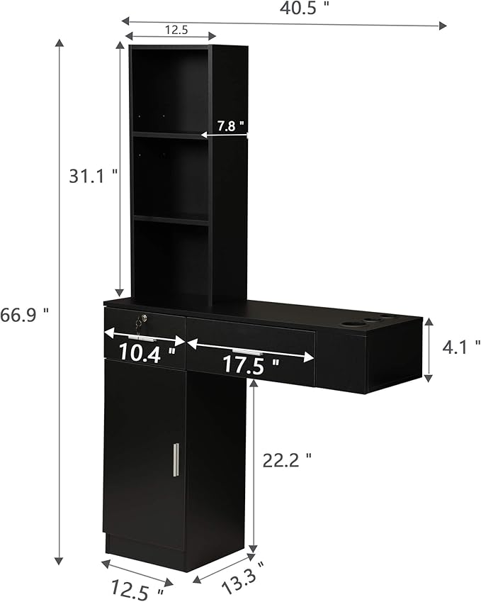 Beauty Salon Barber Station,Wall Mounted Hair Styling Salon Station with 3-Tier Shelf,Hair Salon Spa Equipment with Storage and Cabinet,Black