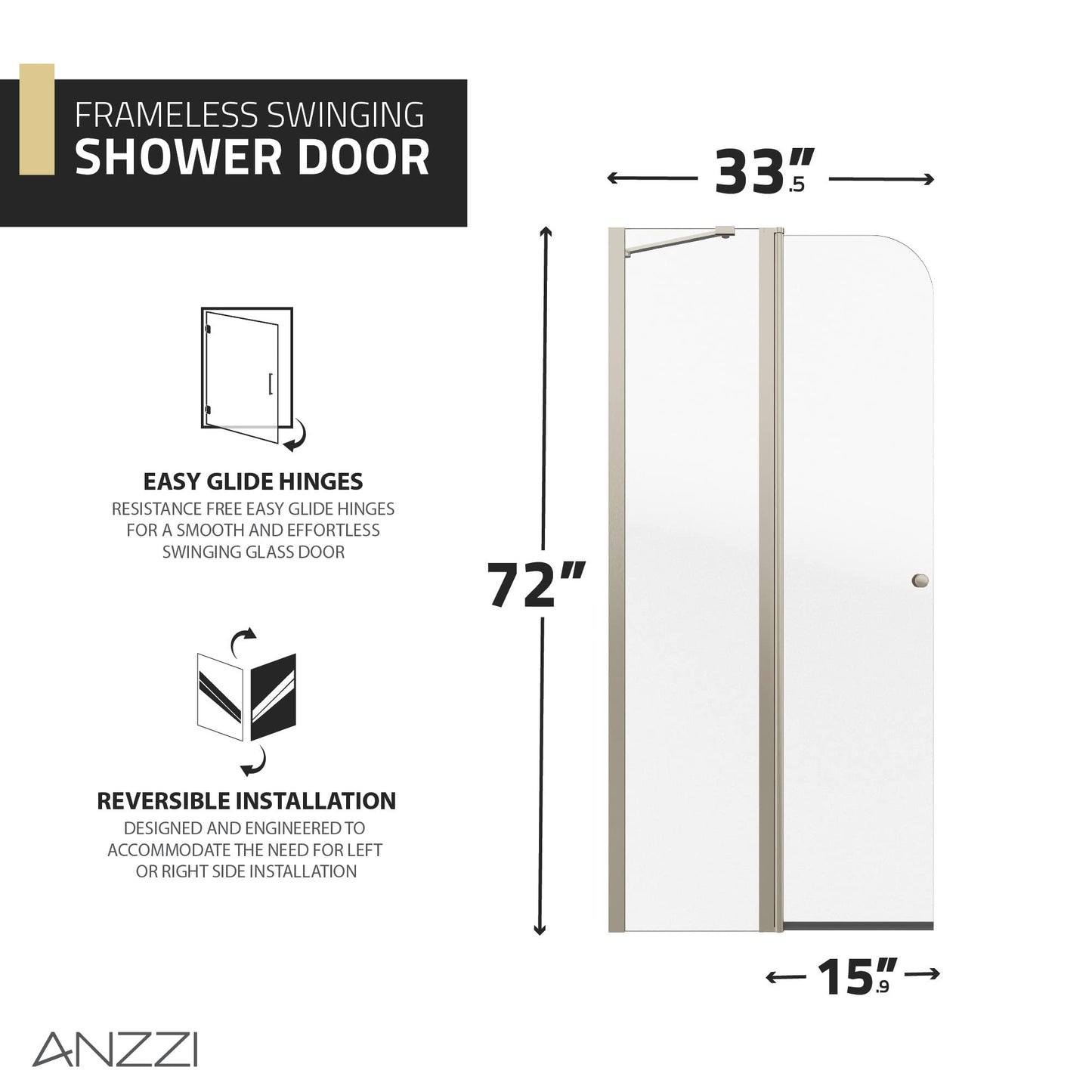 ANZZI 72-in.x33.5-in. Frameless Swinging Shower Door, Resistance Free Hinges for Smooth Opening and Closing, Reversible Installation, Clear Tempered Glass in Brushed Nickel Finish (SD-AZ14-01BN)