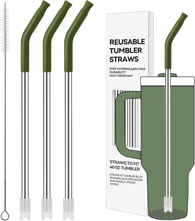 Reusable Metal Straws with Silicone Tip for Stanley 40oz,Stainless Steel Drinking Straws for 40oz Tumbler,3 Straight Tubes & 6 Tips& 1 Cleanr Brush(Dried Pine)
