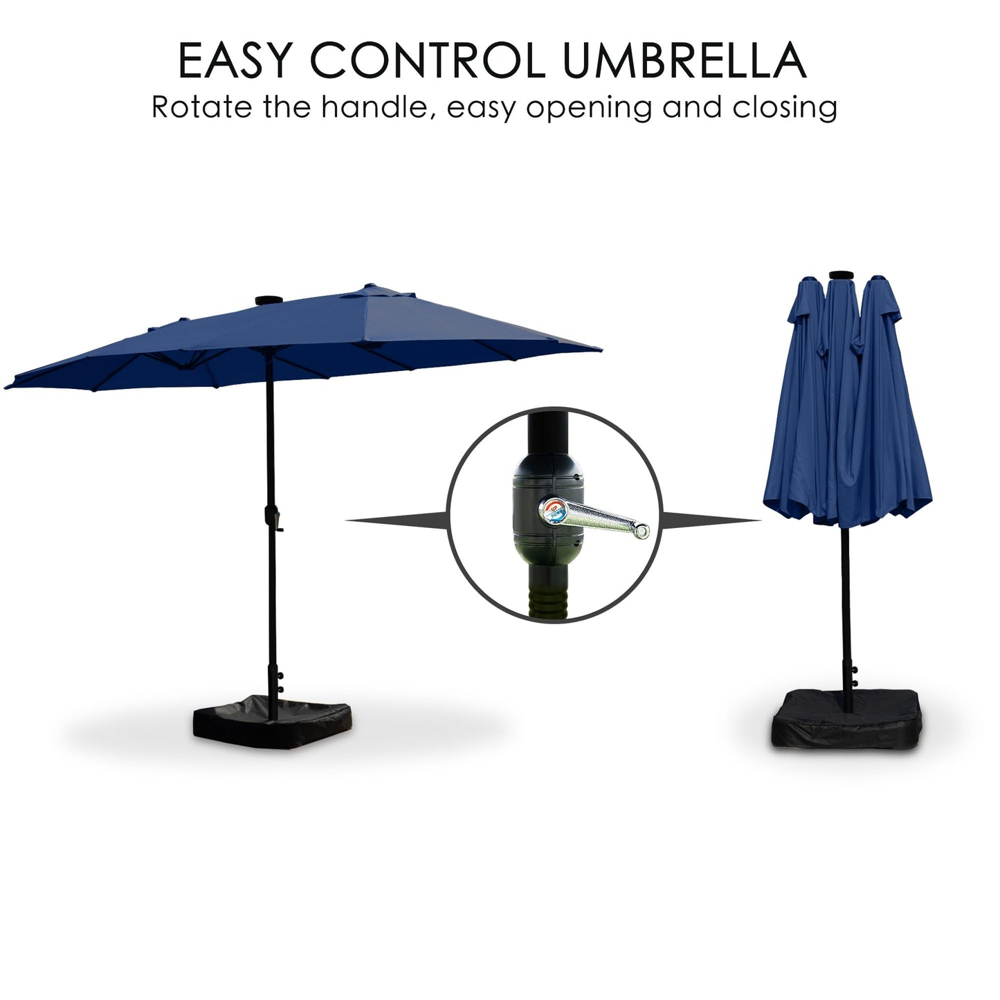 Kozyard 15ft Large Patio Umbrella with Solar Lights Outdoor Umbrella Effortless Crank Lift, Sturdy Weather-Resistant Canopy for Garden Deck Poolside Patio (NavyBlue W/SolarLight)