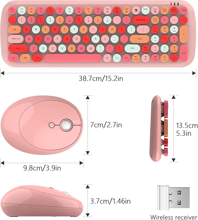 Wireless Keyboard and Mouse Combo, MOWUX - Modern Compact Layout, Colorful Compact Candy Mouse and Retro Round Keyboard Set with Cover, for PC/Laptop/Windows/Mac - Pink Colorful