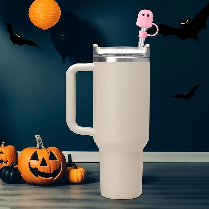 Halloween Silicone Straw Covers Cap for Stanley Cup, Cute Straw Topper for Stanley 30&40 Oz Tumbler, Reusable Dust-Proof Drinking Straw Cover, Set of 4 (Halloween Ghost)
