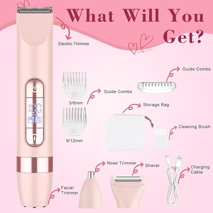 Hatteker 4-in-1 Women's Electric Razor, Dual-Head Body Hair Trimmer for Women, IPX7 Waterproof Rechargeable Bikini Trimmer & Facial Hair Remover for Legs, Armpits, Face, Nose, Eyebrows, Pink