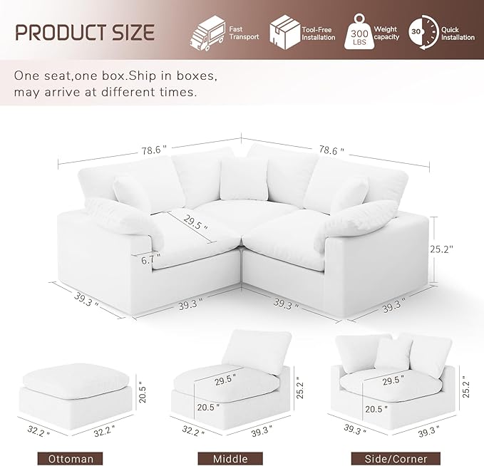 Intuition Decor Cloud Modular Sectional Sofa,78.6" V Shape 3 Seater with Corner Down Filled Comfy Sofa,Modern Deep Seat Cloud Couch,Detachable Couch Cushion Covers for Living Room,White