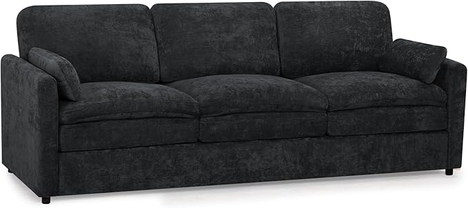 ACMEASE 89” Chenille Sofa w/Two Arm Pillows, Upholstered 3 Seater Sofa w/Comfortable Back Cushions, Modern 3 Seats Couch w/High-Density Foam for Living Room, Apartment, Office, Black
