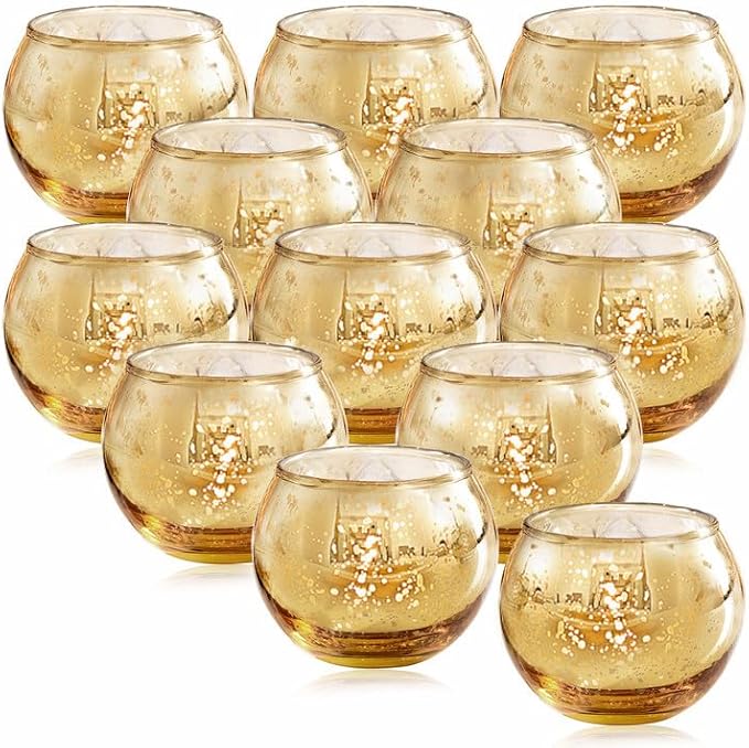 LAMORGIFT 12 Pcs Gold Votive Candle Holders -Gold Mercury Glass Candle Holders, Diwali Decorations for Home, Wedding Cente...