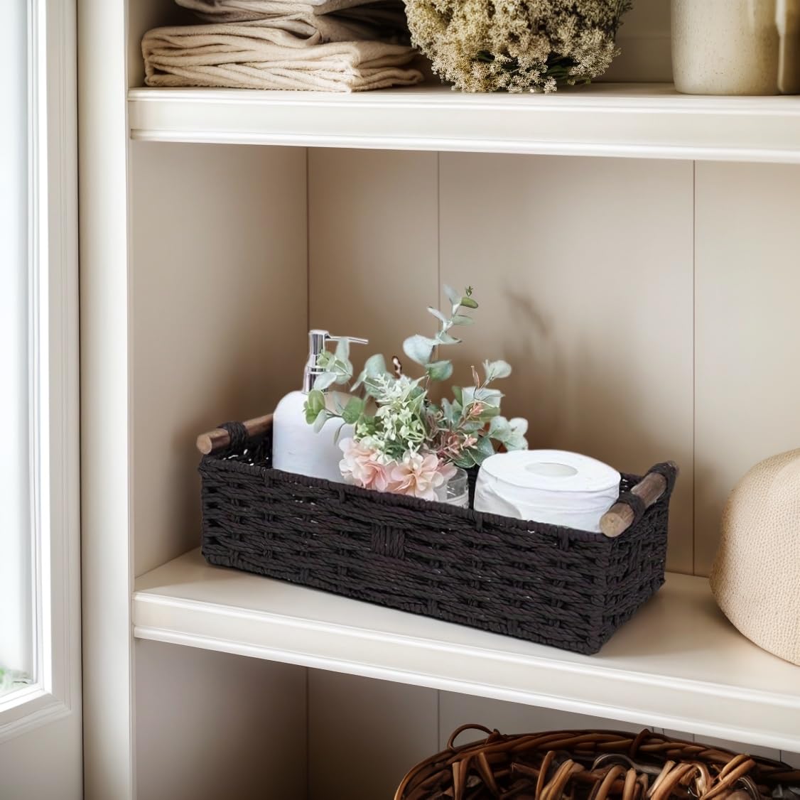 Rattanzenith Black Paper Rope Storage Basket with Wooden Handle – Handwoven Decorative Wicker Basket for Organizing Toilet Tank, Countertop, Cosmetics & Toilet Paper – 1PC