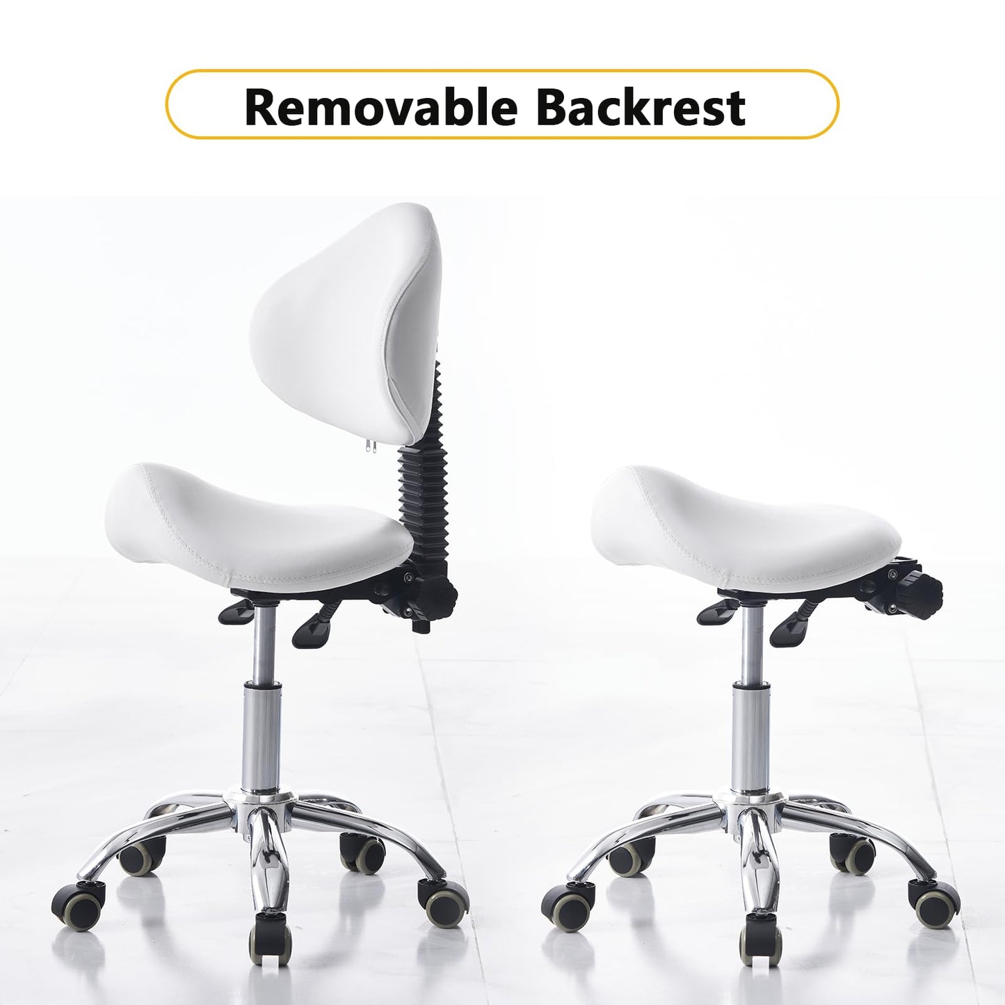 CAISHI Saddle Stool Chair Rolling with Back Esthetician Chair for Nail Tech Dental Tattoo Artist Eyelash Hairdresser Hairstylist Medical Shop Ergonomic Stool Adjustable Hydraulic White