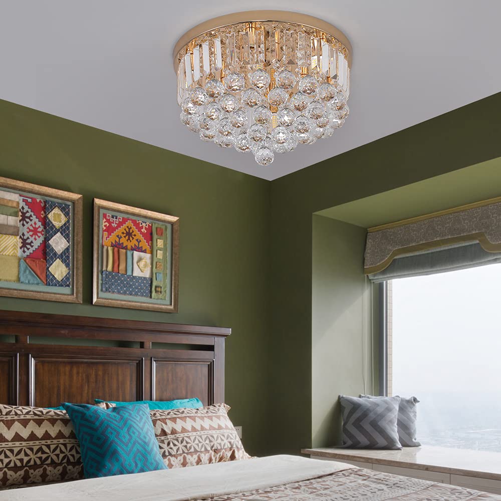 Gopmmy Mini Crystal Chandelier Ceiling Light,Flush Mount Modern Round K9 Crystal Raindrop Ceiling Lighting Fixture for Dining Room Bedroom Hallway Height 11''x Width 16''(French Gold)