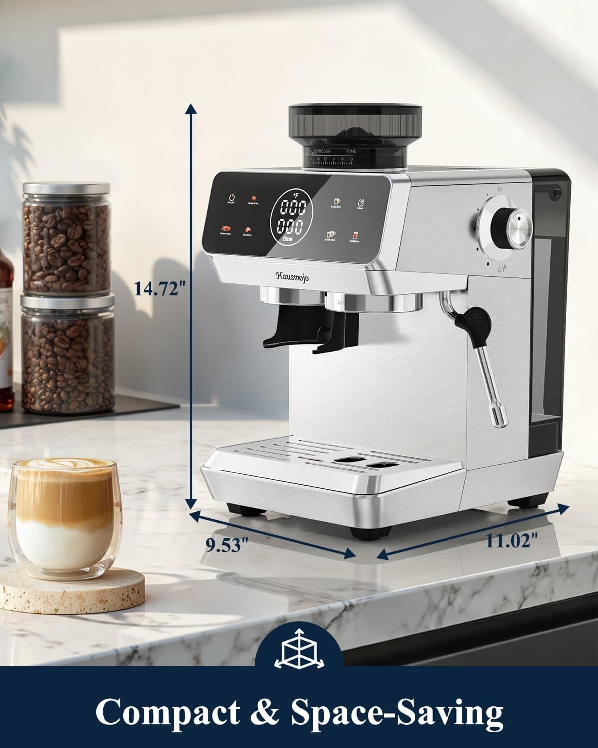 Hausmojo CM1620 Espresso Machine with Built-in Burr Grinder, 20 Bar Bean-to-Cup Espresso Maker with 44 Grind Settings & Steam Wand, Touchscreen Coffee Machine for Latte, Cappuccino & Iced Coffee
