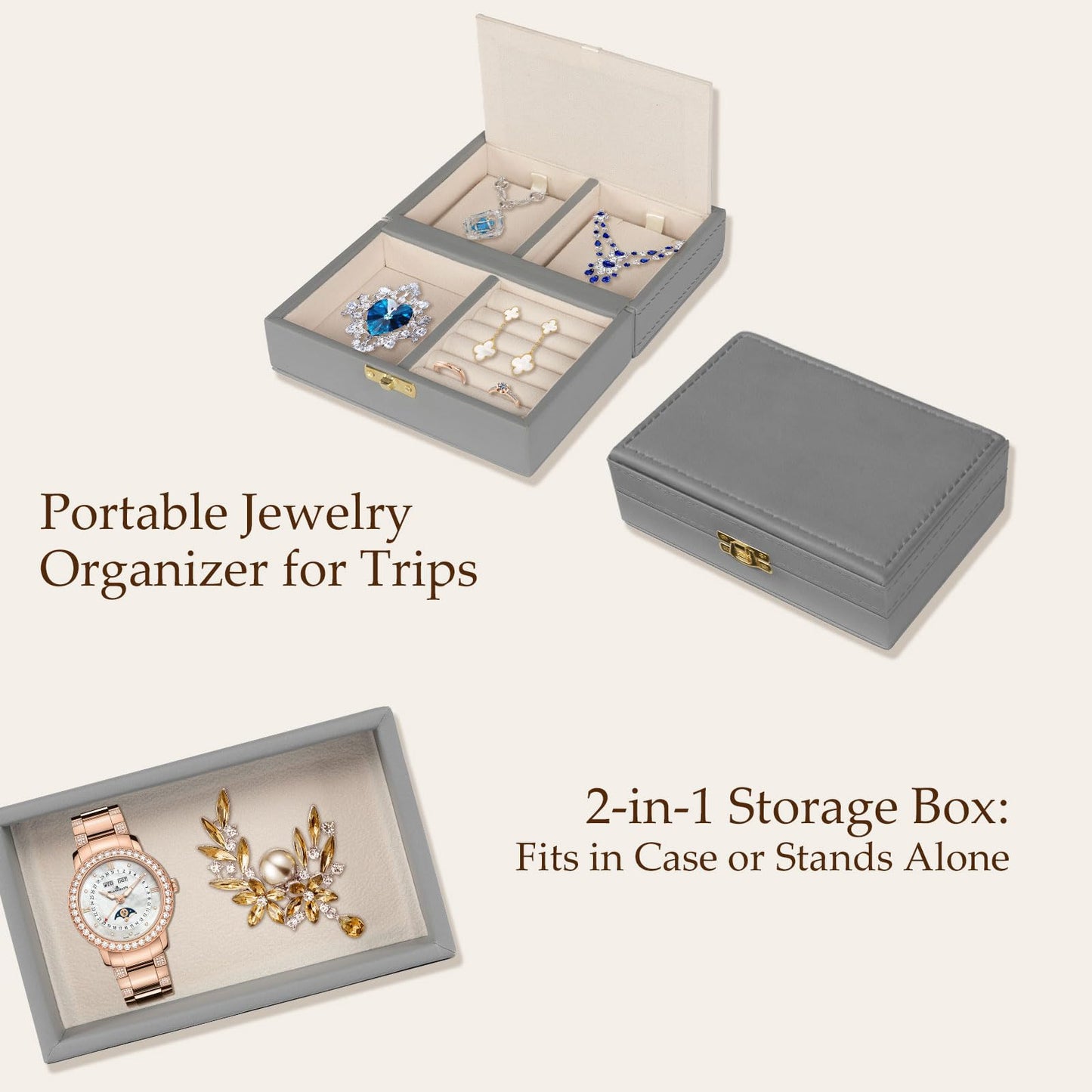 VALINIRT Jewelry Safe, Biometric Fingerprint Safe, Leather Wrapped Jewelry Box with Lock & Mirror, Ultra-Lightweight Jewelry Box Suitable for Home Use & On-the-Go(Three-Tier Gray)