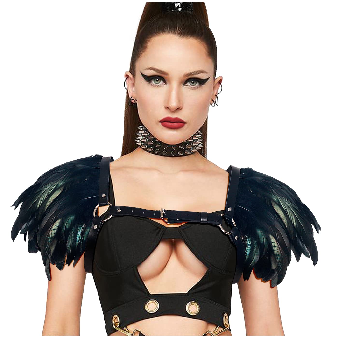 Joukavor Medieval Natural Feather Epaulet Shrug Shoulder Strap with PU Leather Halloween Harness Costume for Women(Black-1)