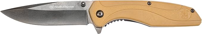 Smith & Wesson SW1103 8.07in Stainless Steel Folding Knife with 3.5in Drop Point Blade and FDE Nylon Handle for Outdoor, T...