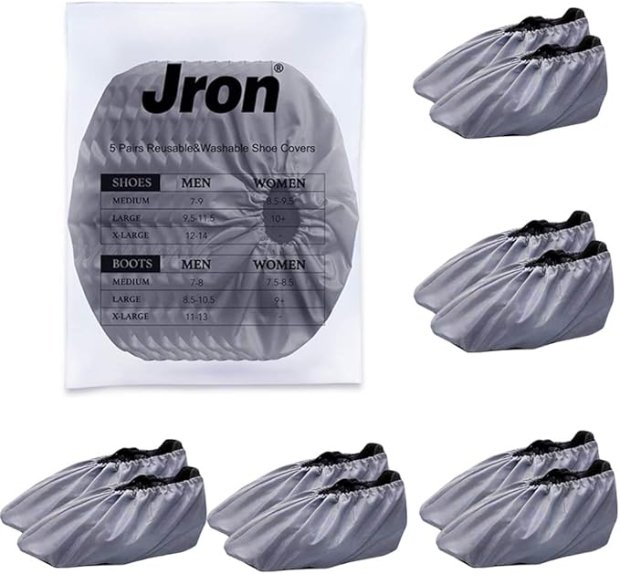 Jron 5 Pairs Premium Reusable Washable Shoe Cover Boot Covers for Contractors (5 Pairs | US 12-14 For Shoes/US 11-13 For Boots, Grey)