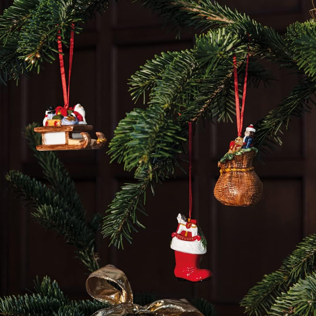 Villeroy & Boch – Nostalgic Ornaments Ornament Set: “Presents”, 3 pcs, Boots, Sleigh and Present Sack in Hard-Paste Porcelain as Tree Decorations, Multicoloured