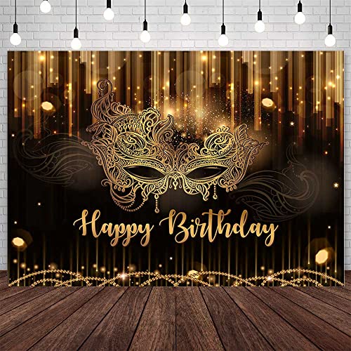AIBIIN 7x5ft Happy Birthday Backdrop Masquerade Mask Party Decorations Supplies Carnival Birthday Dancing Party Banner Bla...