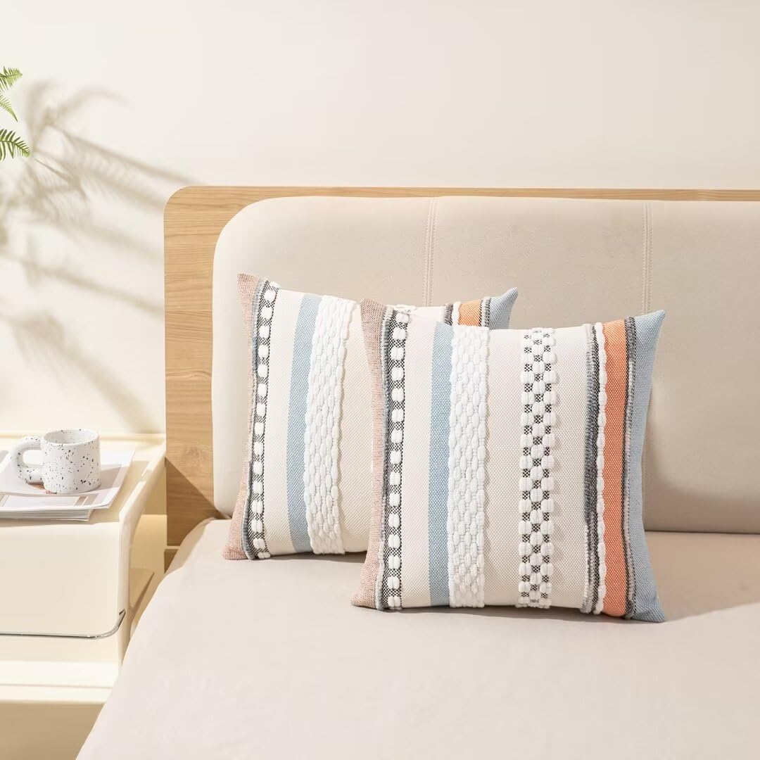 WANLIRD Boho Throw Pillow Covers 18x18 Set of 2 Farmhouse Decorative Cushion Case Striped Square Pillows Cover Chenille Pillow Cases Accent Neutral Pillowcase for Sofa Couch Bed,Orange-Blue