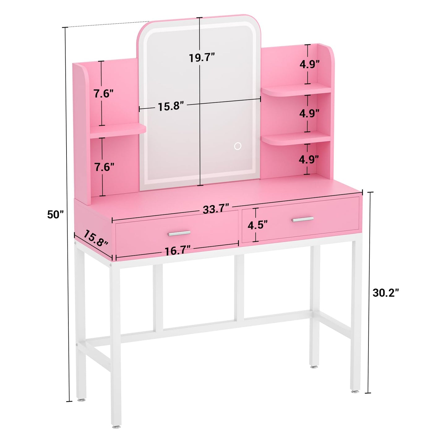 Vanity Desk, Makeup Vanity Desk with Mirrors, Vanity Set with 2 Storage Drawers and Open Shelves, 3 Colors LED Brightness Adjustable Dressing Table, Makeup Desk for Girl and Women, Pink