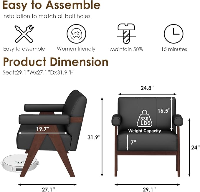 STHOUYN Black Leather Accent Chairs Set of 2, Mid Century Modern Accent Chair, Side Arm Chairs for Living Room, Office Guest Waiting Room Chairs (2, Black)