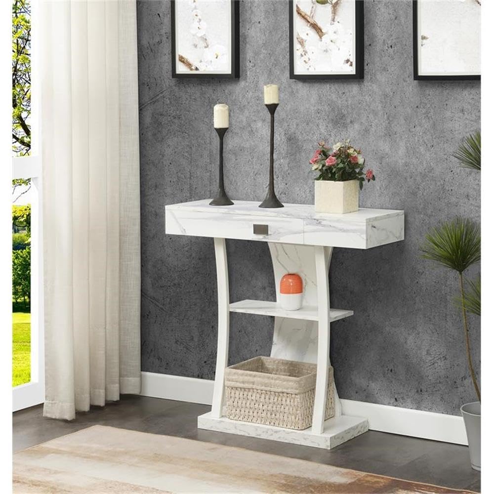 Convenience Concepts Newport Harri Console Table 36" - Modern Sofa Table with Storage Shelves, One Drawer Narrow Entryway Hall Table for Living Room, White Faux Marble/White