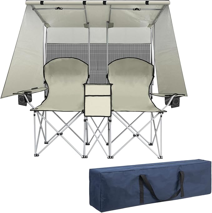 ptlsy Double Camping Chair with Canopy, Folding Two-Person Seat, Portable Outdoor Loveseat with Shade, Portable Chairs for...
