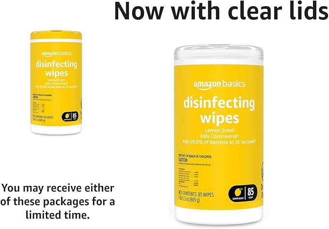 Amazon Basics Disinfecting Wipes, Lemon Scent, Sanitizes/Cleans/Disinfects/Deodorizes, 85 Count