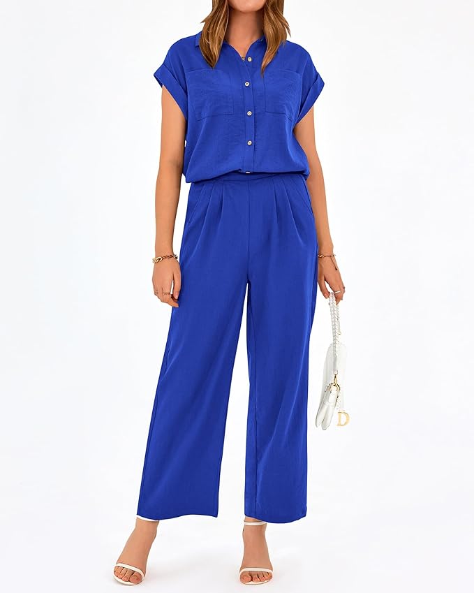 PRETTYGARDEN Womens 2 Piece sets Summer Cap Sleeve Tops Palazzo Pants Dressy Casual Vacation Travel Outfits Tracksuits