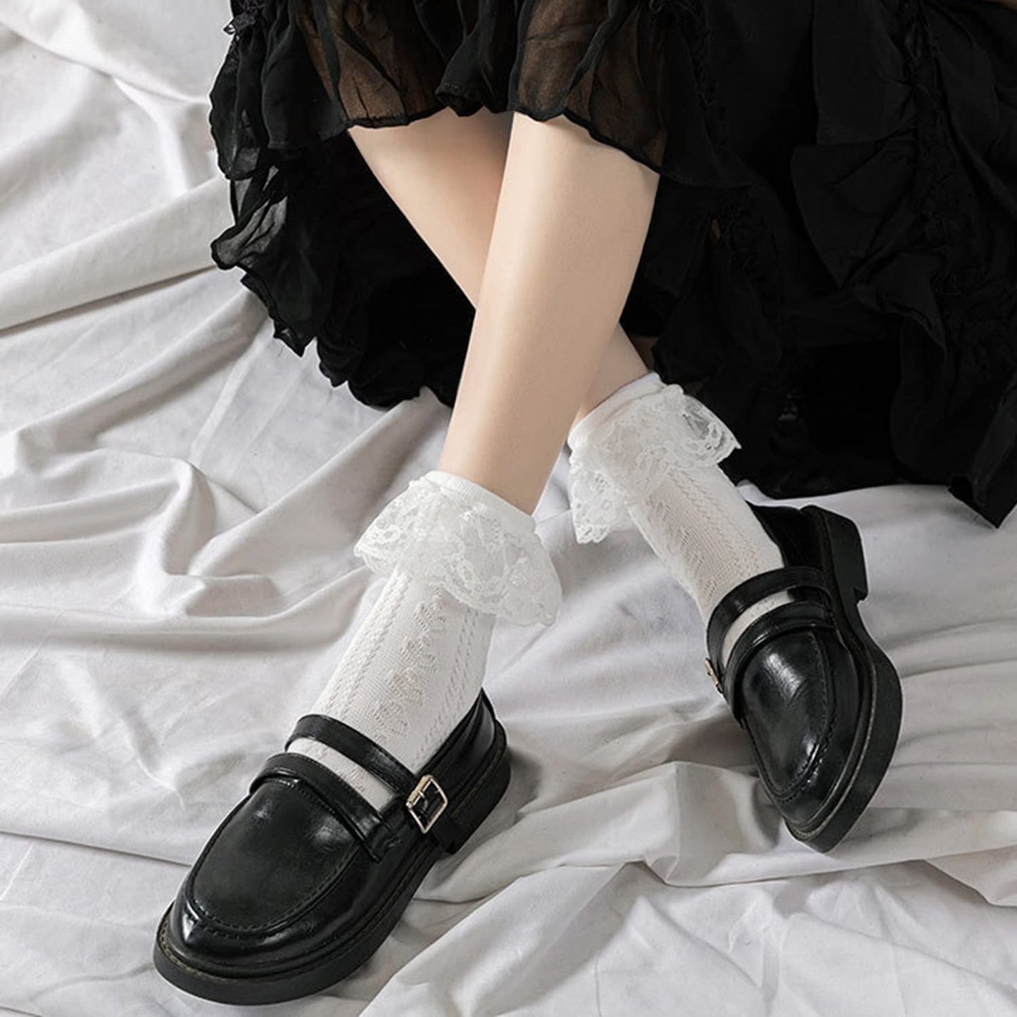 BIVOLU Womens Crew Socks Lace Ruffle Frilly Cotton Cute Princess Ankle Dress Socks for Girl 6 Pack