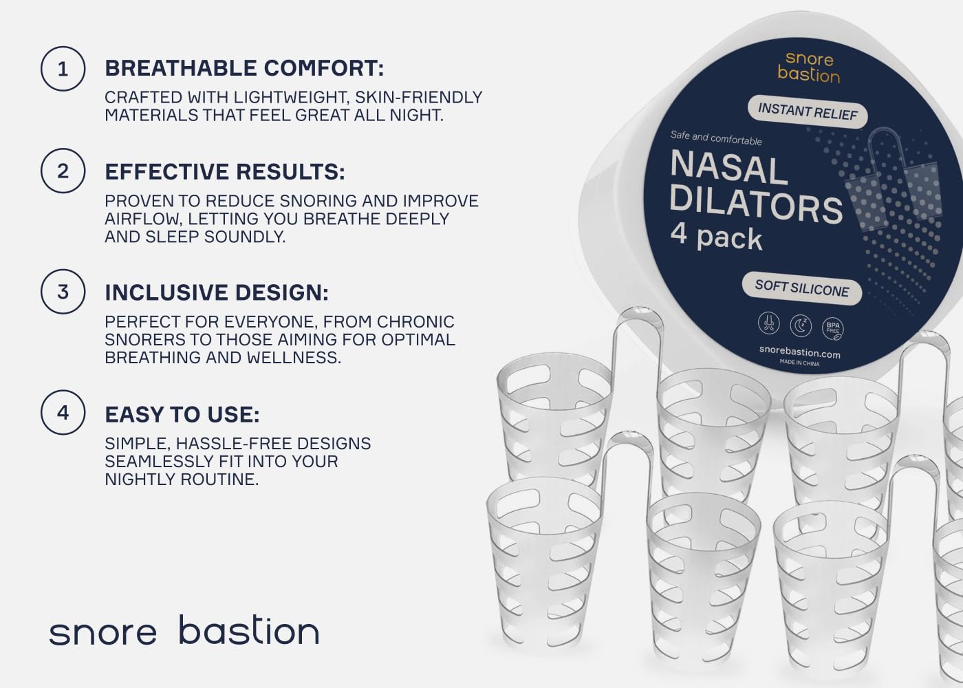 Snore Bastion Nasal Dilators for Sleeping - 4 of X-Large ONLY (XL) Soft Silicone Nasal Cones - Nostril Opener - Nasal Expander for Breathing - Nose Vents - Anti Snoring Devices