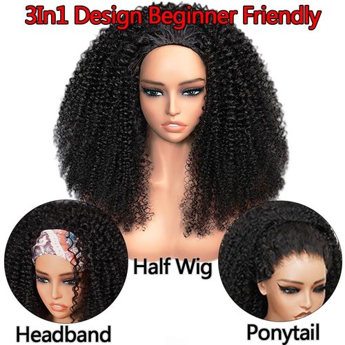 Curly Half Wig 200% Density Kinky Curly Half Wig 3 In 1 Seamless Flip Over Glueless Wigs Human Hair with Drawstring Beginner Friendly Curly Wig Headband Wig for Women Daily Wear