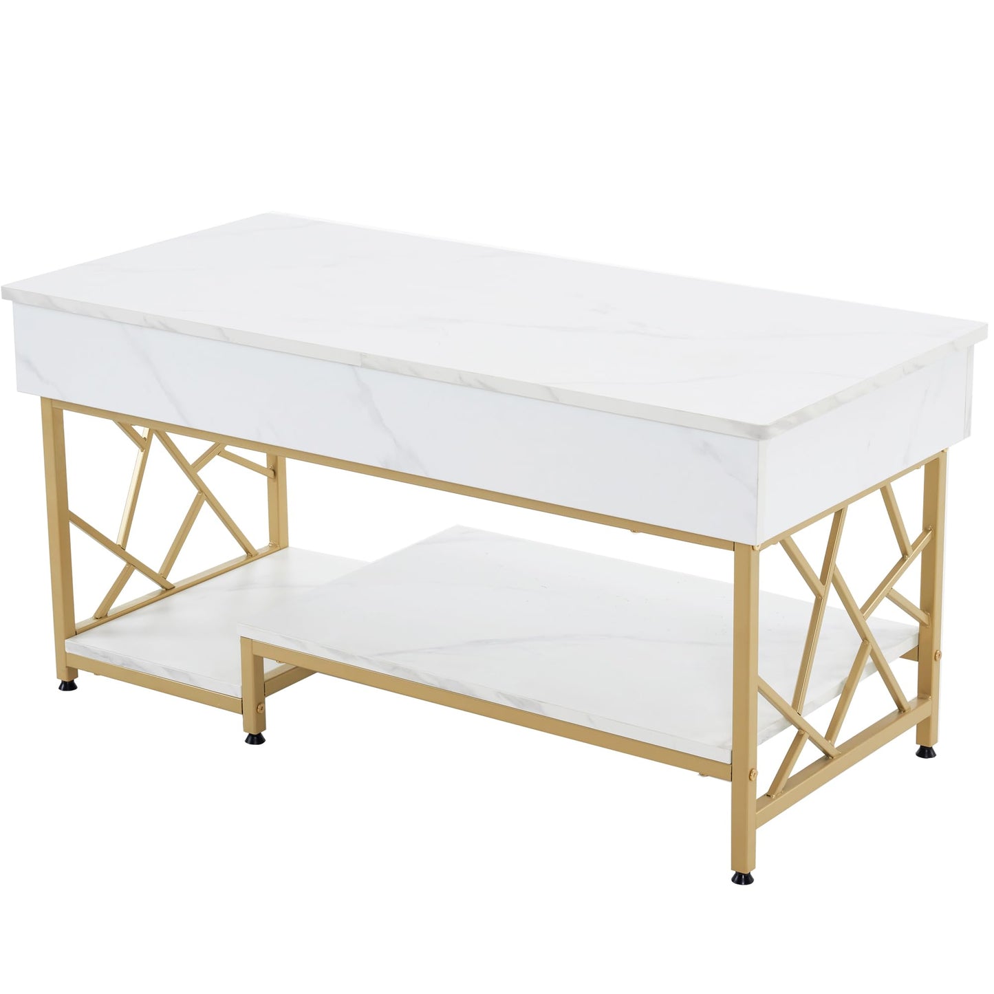 ivinta Lift Top Coffee Table, Lift Up Wooden Central Table with Hidden Storage Compartment and Open Storage Shelf for Living Room Home Office 1150 (White and Gold)